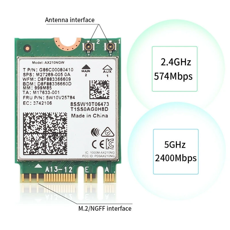 

Wi-Fi 6E Desktop Kit Up to 2.4Gbps Wireless Data Rates with for AX210NGW 2.4G/5G 802.11Ax Bluetooth 5.2 Wifi Card