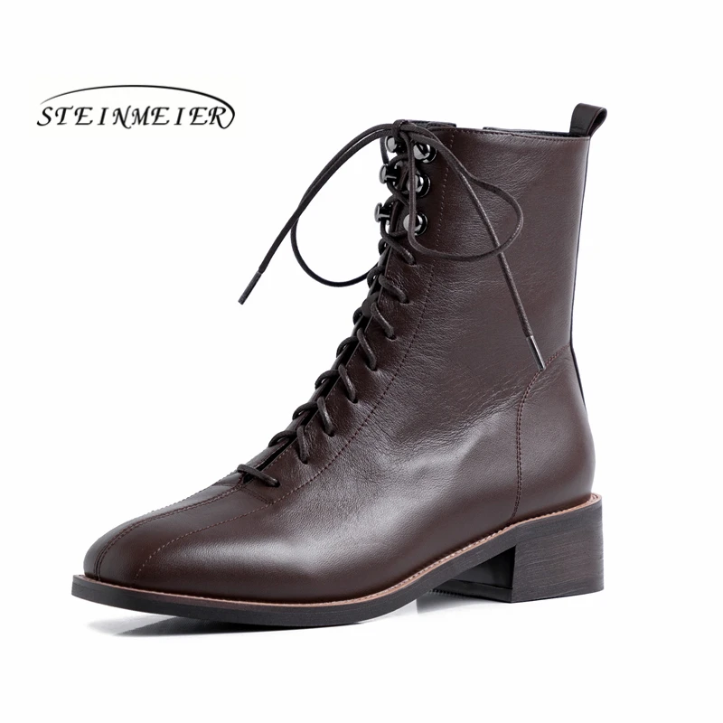 Женские зимние ботинки из натуральной кожи на шнурках с круглым носком | Обувь