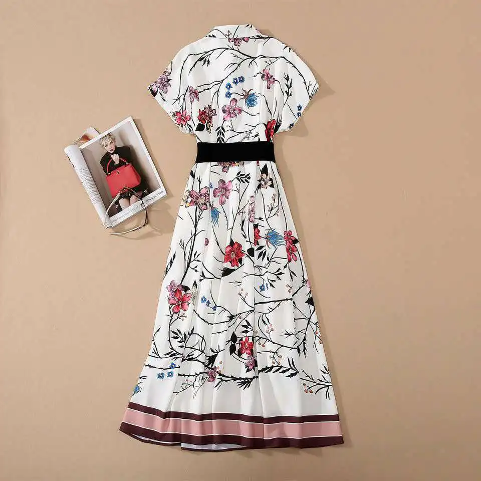 

Модные длинные взлетно-посадочной полосы с отложным воротником Элегантные женские туфли с цветочным принтом, с поясом, вечерние праздничны...