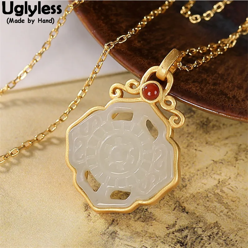

Uglyless Natural Jade Clover Pendants Necklaces for Women Real 925 Silver Hollow Necklaces with Chains Palace Statement Jewelry