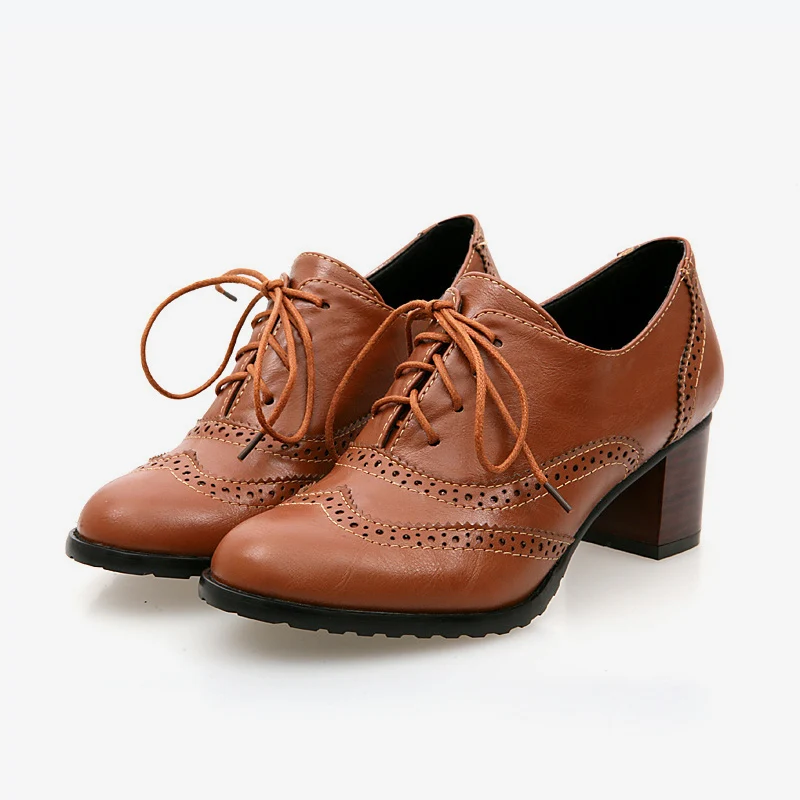 

Women's Pump Shallow Brogue Shoe Vintage Chunky Heel Cut Out Oxford Shoes Woman Lace Up Female Fashion Elegant Ladies