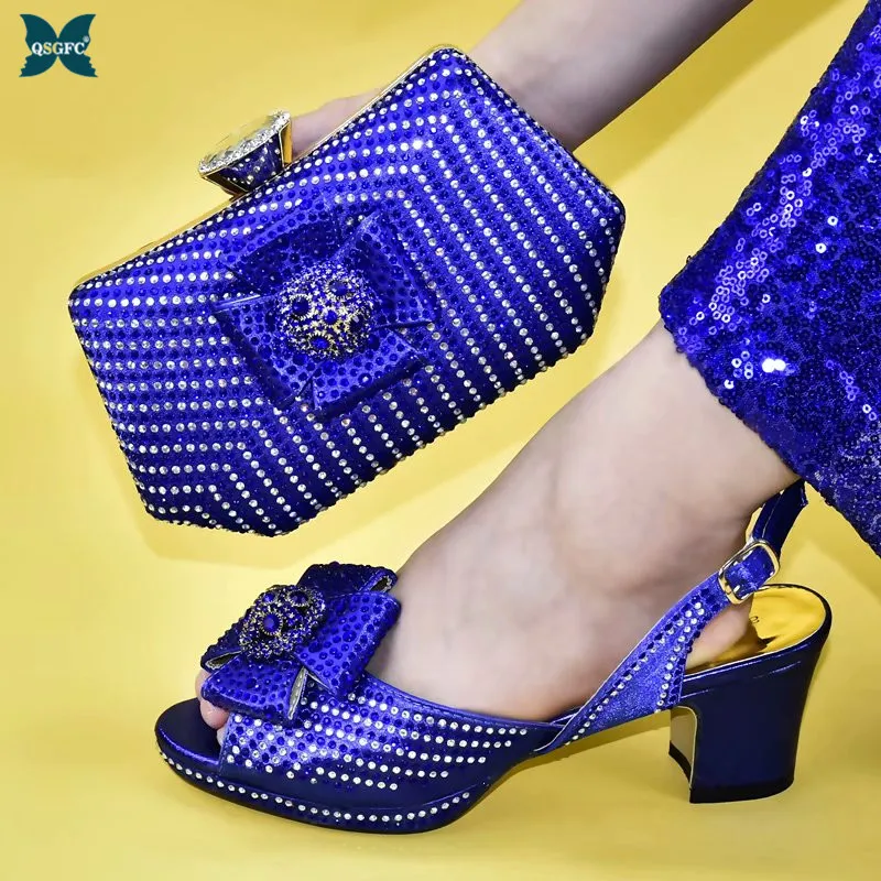 

Latest Blue Color Italian Design Shoe and Bag Set for Party In Women Wedding Shoes Bride Cristal High Quality African Wedding