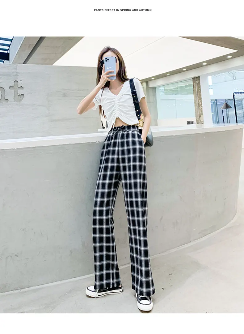 

Black and White Plaid Pants Women's Summer 2021 New High Waist Slimming All-Matching Straight Thin Casual Loose Cropped Wide-Leg