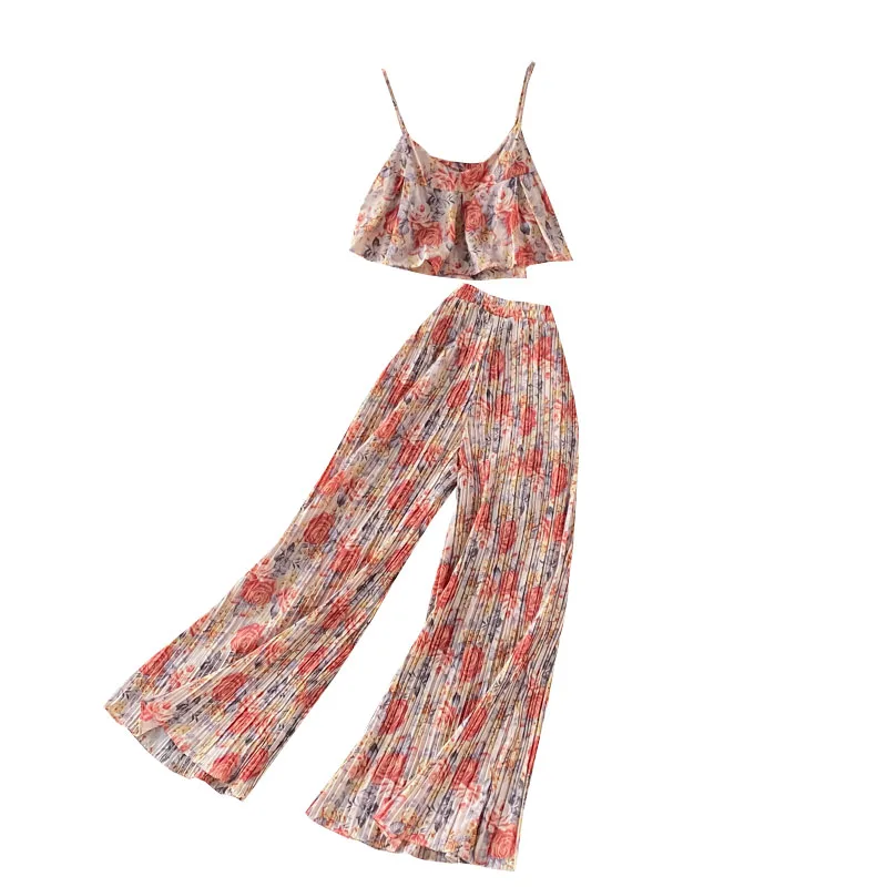 

Women Holiday Two Piece Suit Fashion Floral Print Strap Chiffon Top And High Waist Wide Leg Long Pants 2-piece Sets 2021 Summer