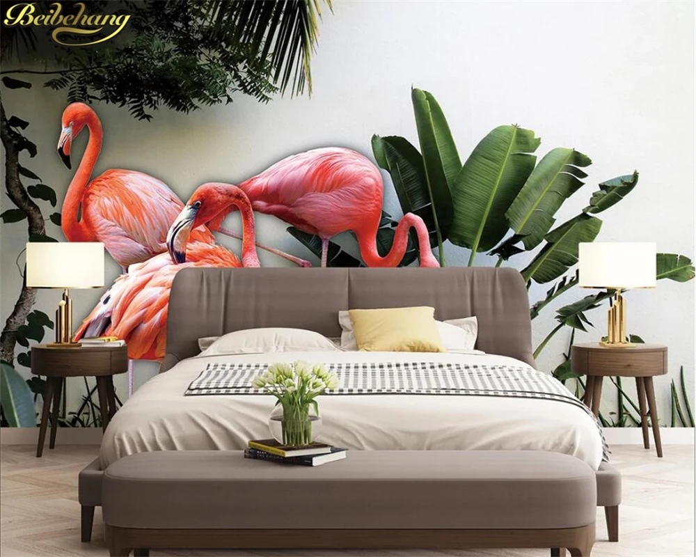 beibehang Custom 3d wallpaper mural Nordic minimalistic tropical plant banana leaf 3D flamingo background wall papel de parede |