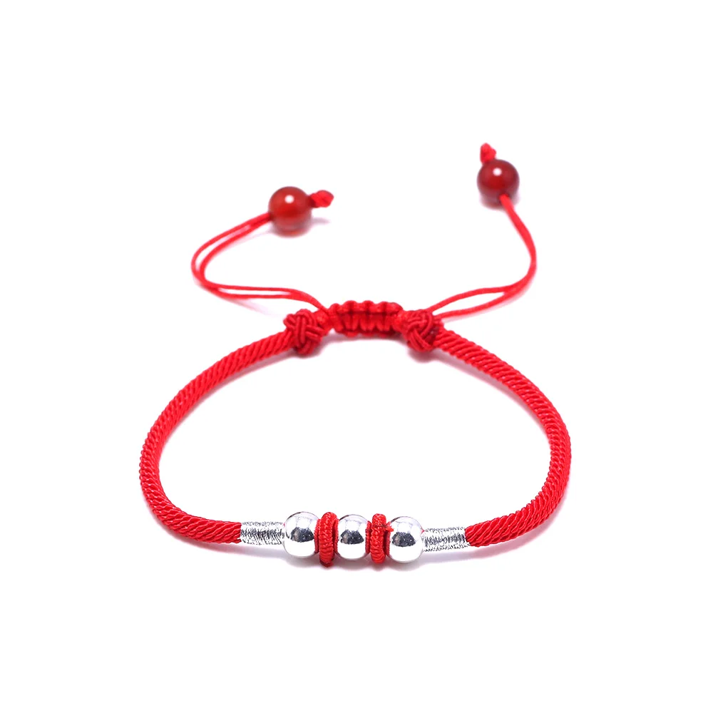 999 стерлингового серебра круглые бусины Lucky Red Rope браслет для мужчин и женщин