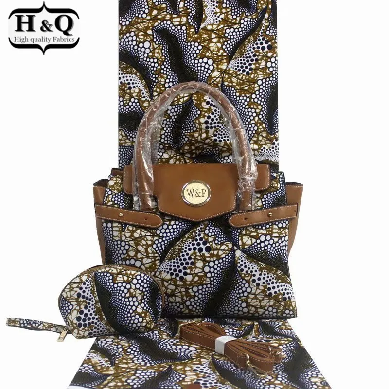 

H&Q popular african wax bags three-piece high quality 6 yards/lot real print wax fabric match big handbag and small wallet H115