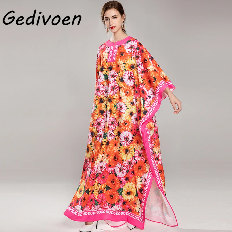 

Gedivoen Women's Summer Runway Dresses Batwing Sleeve Daisy Print Loose Lace up Three Quarter Sleeve Fashion Split Long Dress