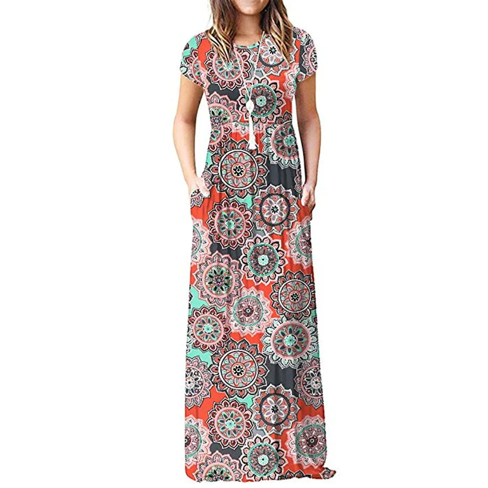 Женское платье с коротким рукавом и принтом Boho повседневное длинное винтажное