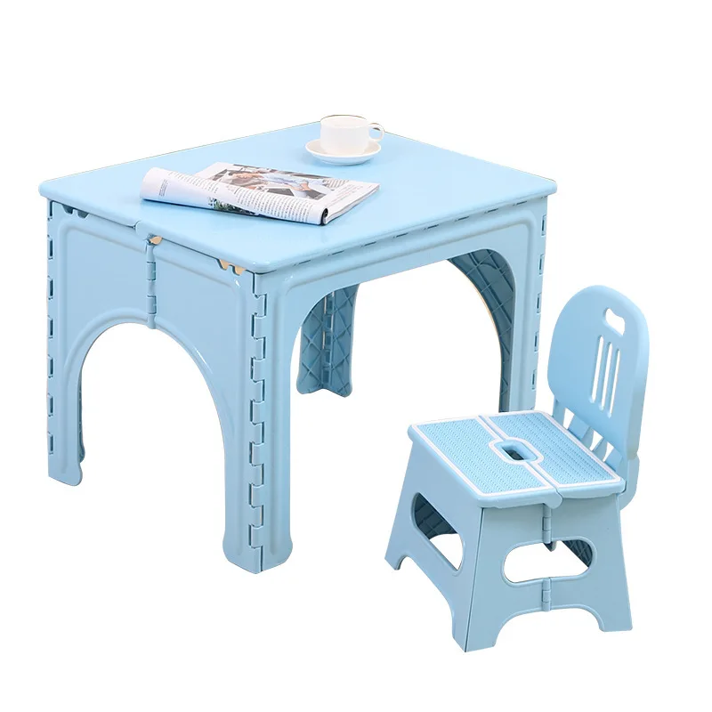 구매 어린이 플라스틱 접는 테이블과 의자 세트 어린이 홈 쓰기 테이블 야외 휴대용 접이식 책상 유치원 가구