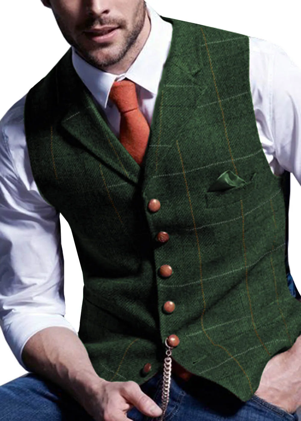 

Mens Suit Vest Notched Plaid Wool Herringbone Tweed Waistcoat Casual Formal Business Groomman For Wedding