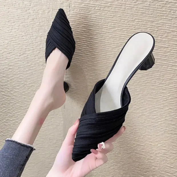 

Women's Outer Wear Chunky Heel 2021 Spring and Summer New Closed Toe Pleated Vamp Pointed High Heel Muller Half Slippers