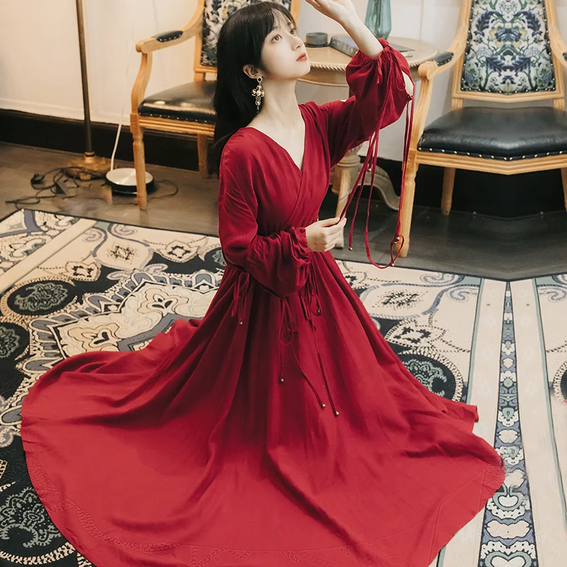 YOSIMI Maxi Chiffon Red Long Women Dress Bohemian V-neck Lantern Sleeve Full Sleeve Ankle-lenght Female Dress with Sashes
