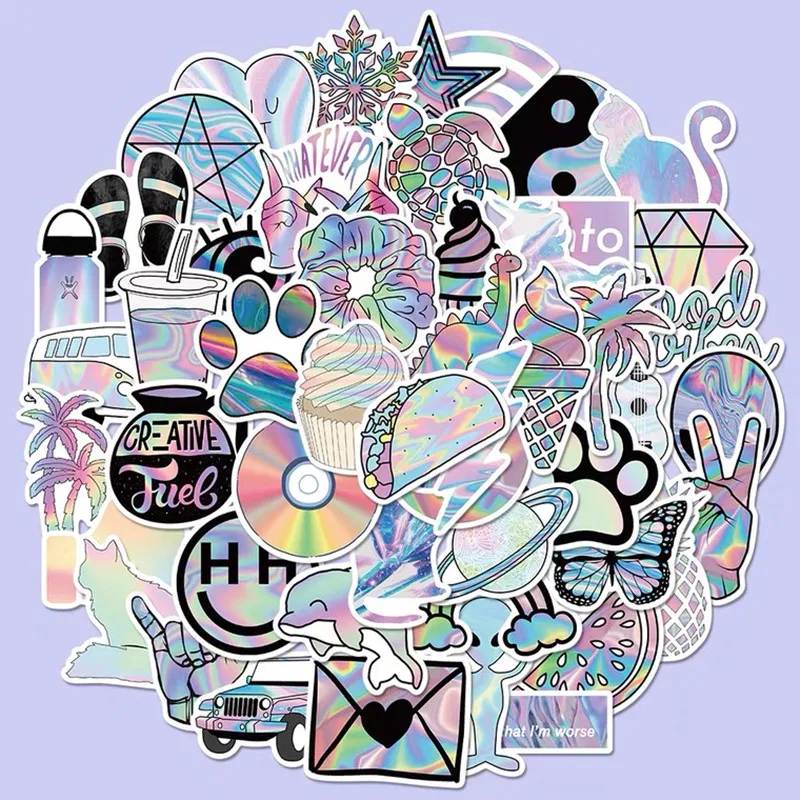 

50PCS Mixed VSCO Holographic Laser Cartoon Stickers Luggage Skateboard Cute DIY Cool Graffiti Girl Gradient Sticker Decal