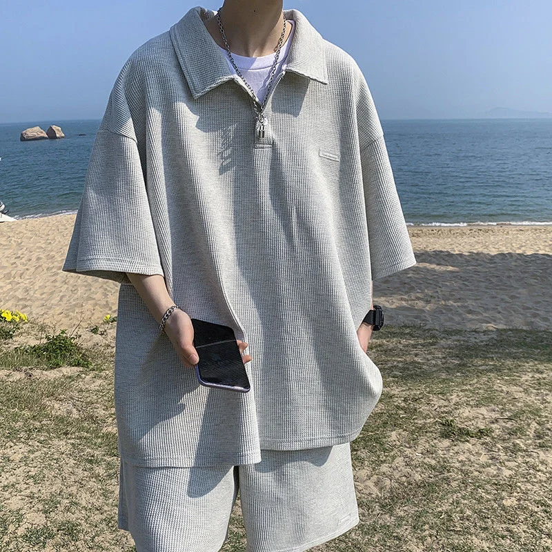 

Net red waffle short sleeve T-shirt suit men's summer Japanese fried Street trend shorts a set with clothes handsome