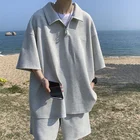 Футболка с вафельным принтом Мужская, короткий рукав, сетчатые красные шорты в японском стиле, красивая одежда, на лето