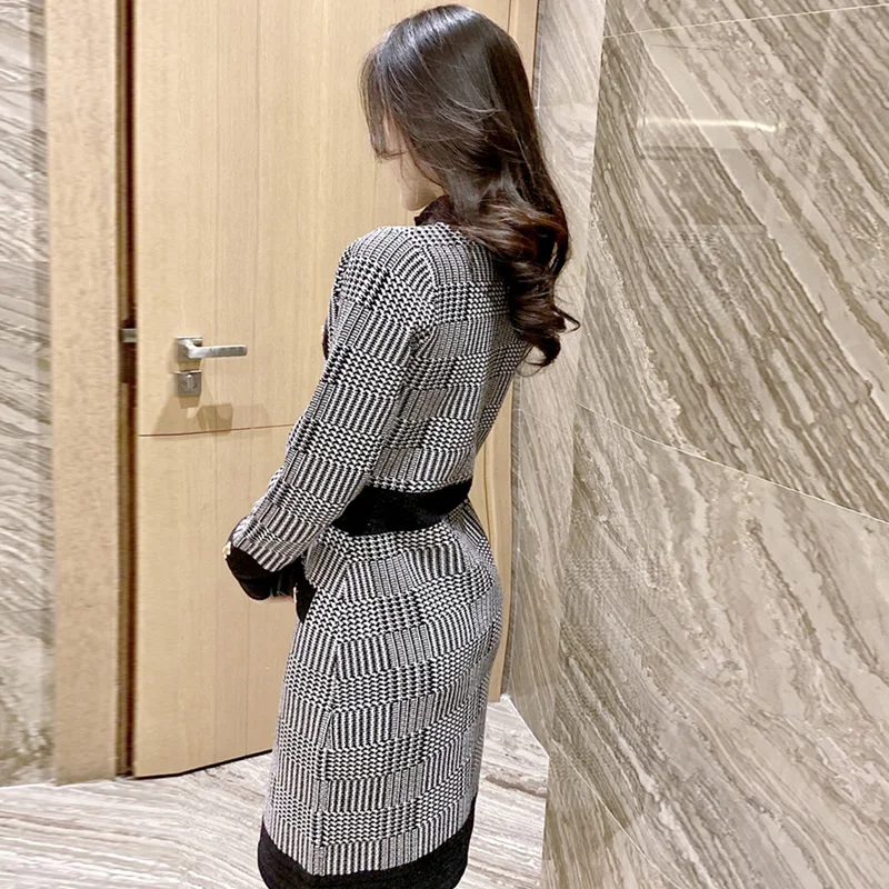 

Suofun Plaid O-Neck Slim Knitted Korean A-Line Fashion Woemn 2021 New Autumn Elegant Women Vintage Mid-Calf Sweater Dresses