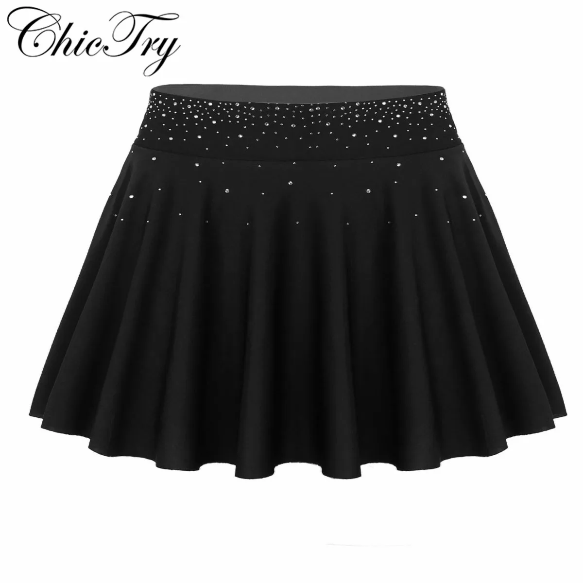 

Womens Adults Female Shiny Rhinestone Short Skirt With Built-in Briefs Ballet Dance Gymnastics Ice Skating Dancewear Skirt