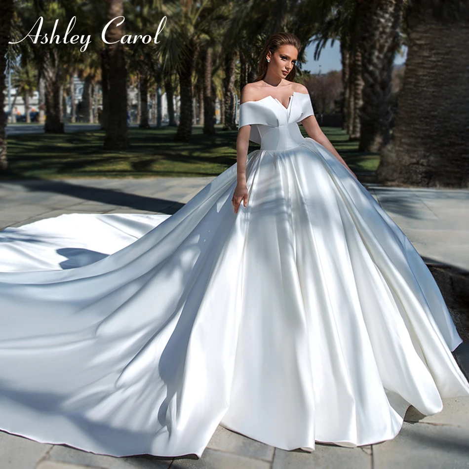 

Ashley Carol Vintage Satin Ball Gown Wedding Dress 2020 Simple Boat Neck Princess Bridal Dress Cathedral Train Wedding Gowns