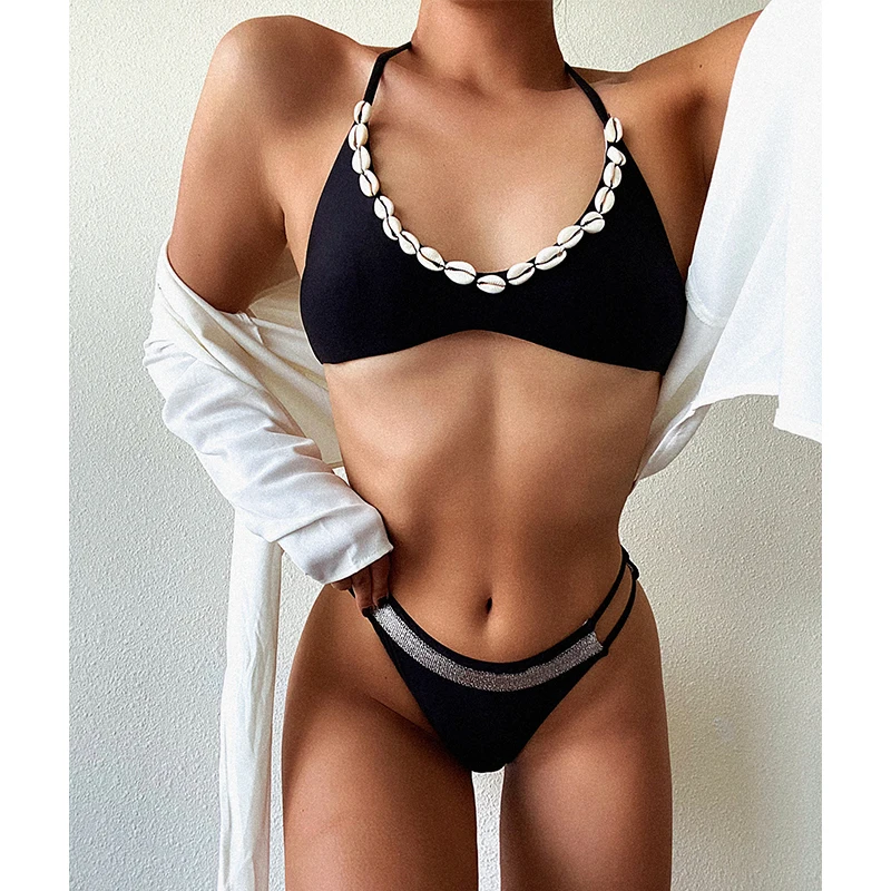 

Mossha сексуальный купальник в виде ракушек, Женский бандажный купальник с лямкой на шее, женский купальник с открытой спиной и бантиком, бикин...