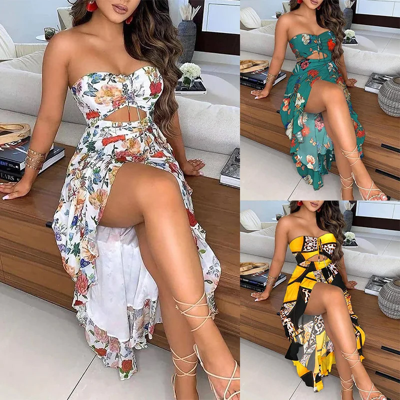

2021 Summer New Style Commuter Women's Print Slim Dresses Sexy Irregular Dress with High Waist Wrapped Chest and Split Ends