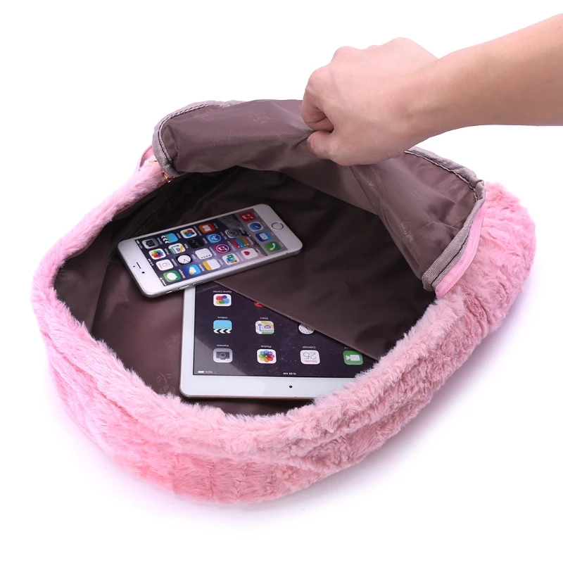 

THINKTHENDO Women Girl Cute Polyester Backpack Travel Faux Fur Rucksack Shoulder Bookbag School Bags for Teenage Girl