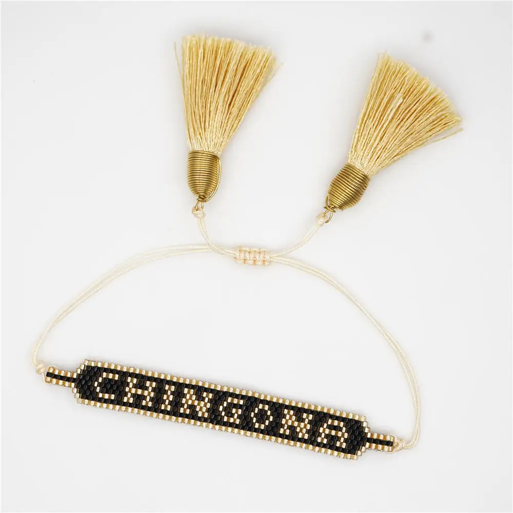 

Rttooas MIYUKI Beads Bracelet Women CHINGONA-Power Letter Cuff Bracelets 2019 Gold Tassel Pulseras Insta Fashion Handmade