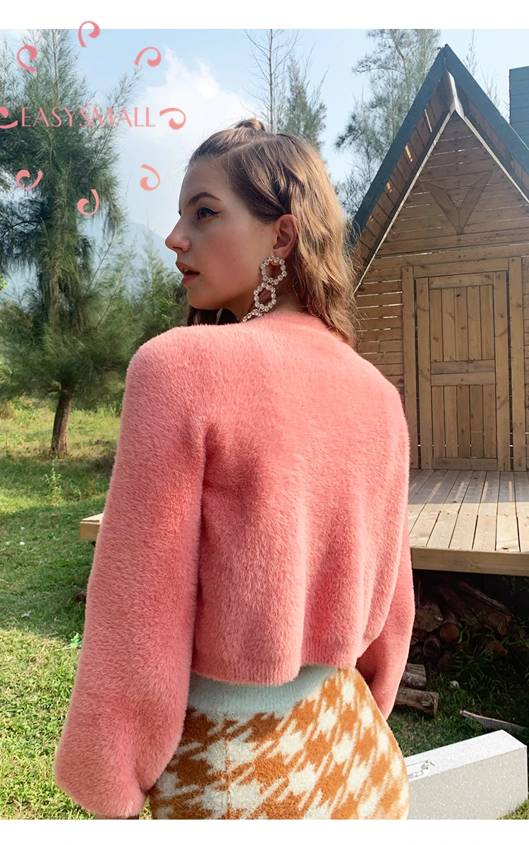 

EASYSMALL Women dress Fashion high-end pink Long SleeveHoundstooth print knitted cardigan strap printing Suit Vacation wear