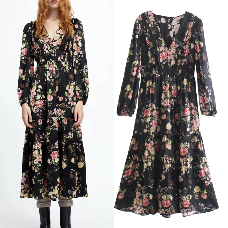 

Женское платье-миди с цветочным принтом, V-образным вырезом и длинным рукавом