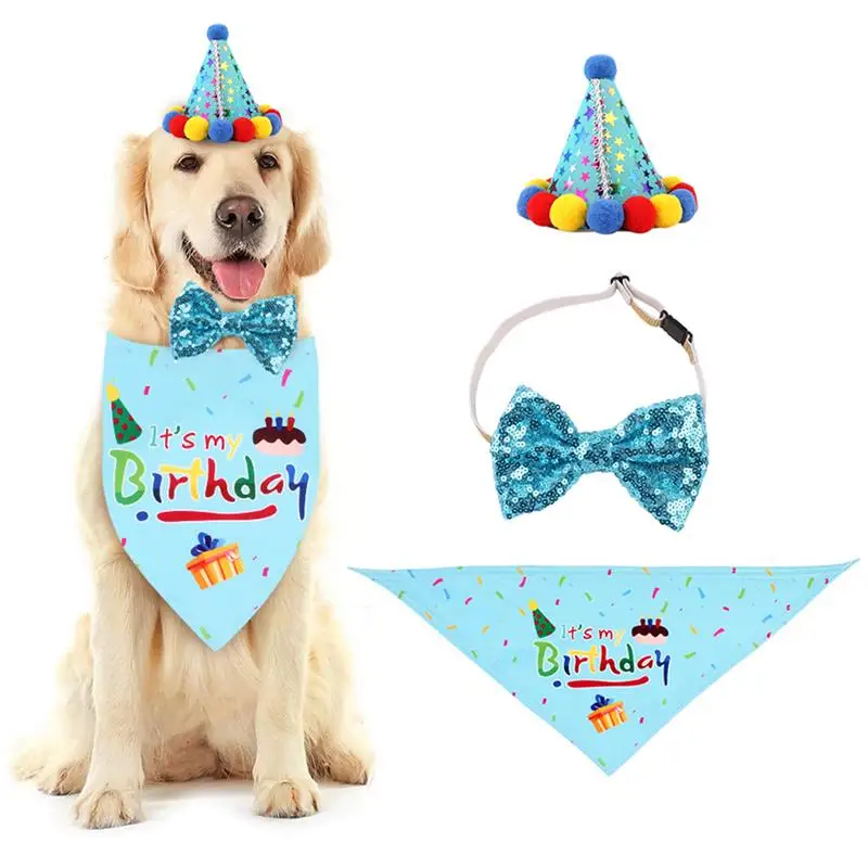 

3 Pcs Funny Pet Birthday Decorations Sets For Dog Birthday Hat Puppy Bow Tie Collars Bandana Dog Dress Up Props Accessories