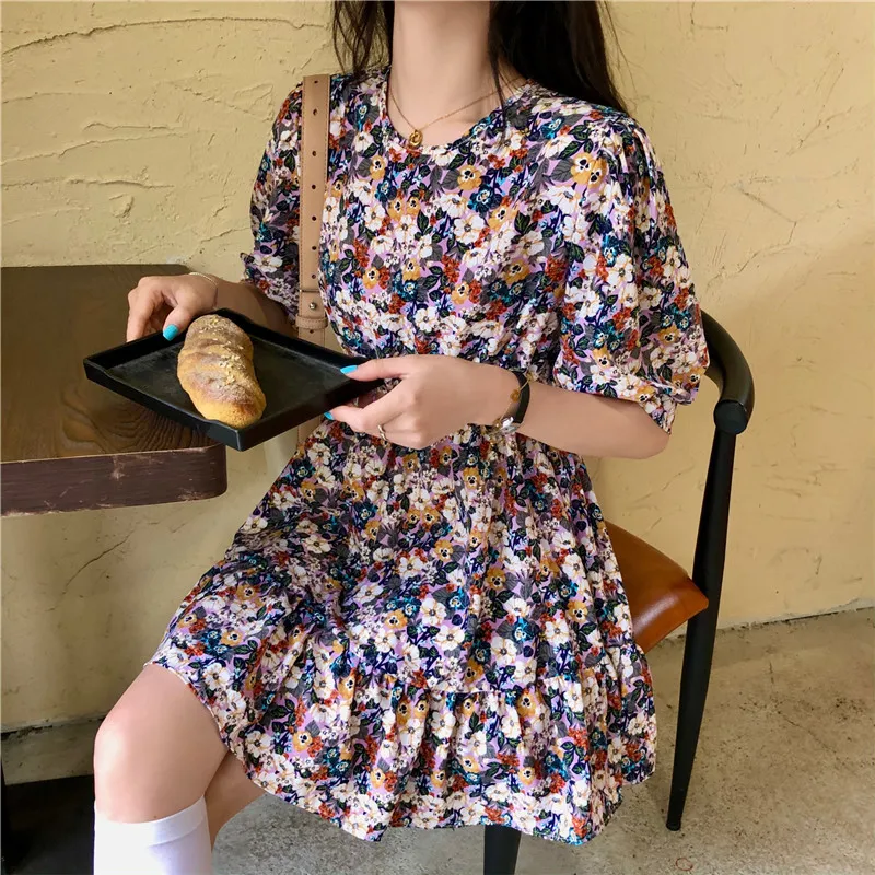 

ZOSOL 2020 Summer New French Retro Dress Waist Hugging Slim round Neck Short Sleeve Floral Dress Female Students