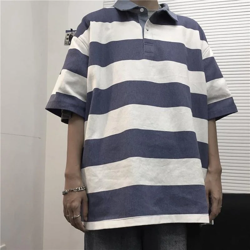 Толстая полосатая рубашка-поло трендовая японская Универсальная футболка-поло в