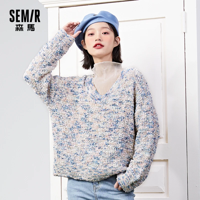 

SEMIR Floral Yarn Sweater Women V-Neck Sweater Spring 2021 New Loose Commuter Sweater Ins Trend Streetwear Style