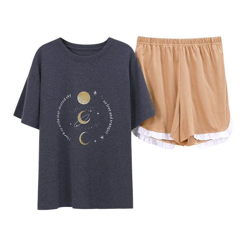 

Cartoon Gray Round Neck Pullover Short Sleeve Shorts Two-piece Ladies Spring Summer Cute Sleepwear Moon Print Woman Pajamas Sets