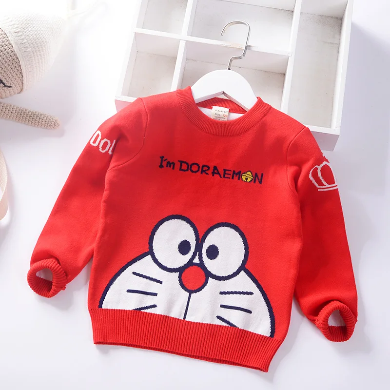 Doraemon-Red Зимние Рождественские свитера для маленьких мальчиков, топы с вышивкой Микки, Осенний детский вязаный костюм, вязаные милые пальто для мальчиков - Цвет: Doraemon-Red