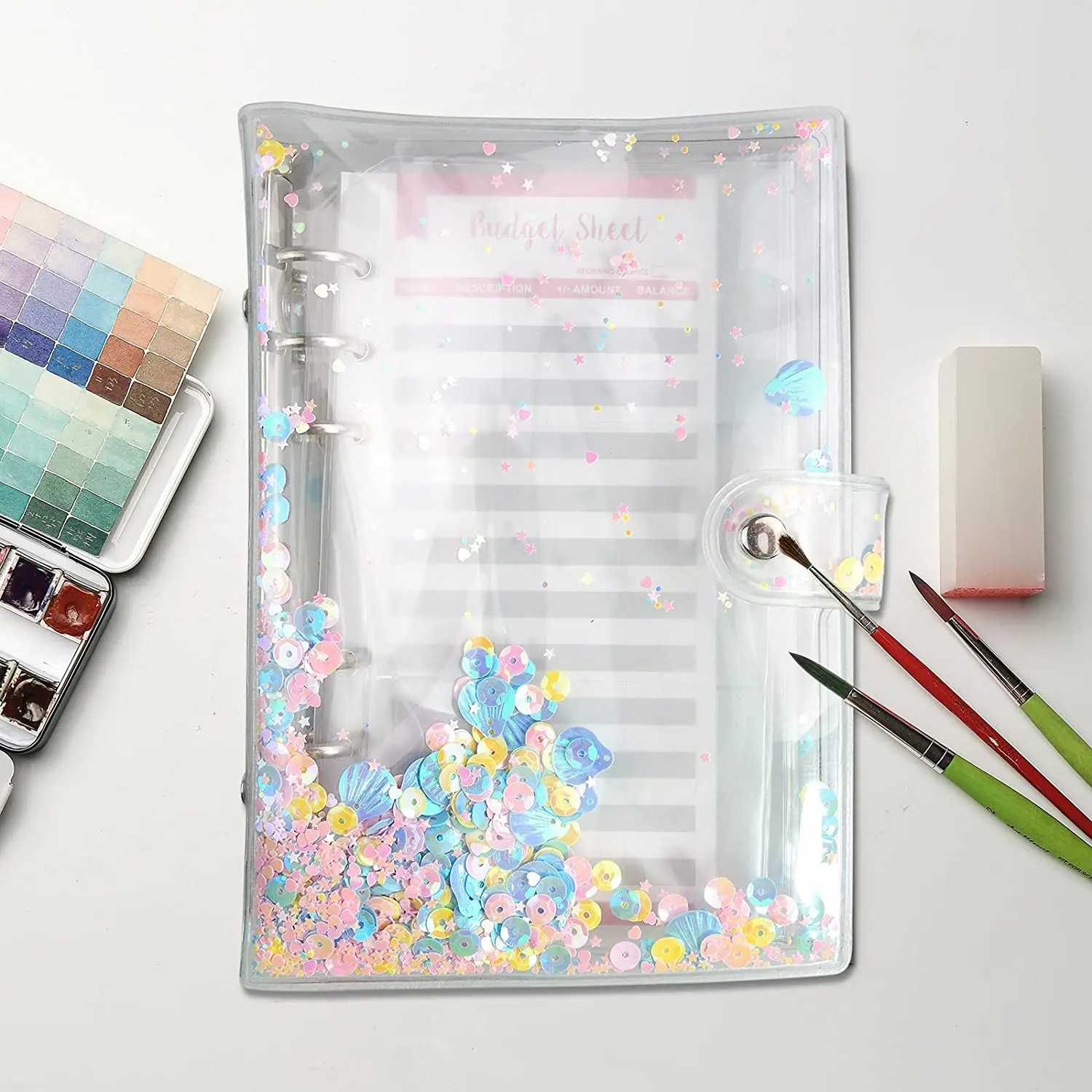 

26 Pieces A6 Glitter Binder Budget Envelopes Planner with 10 Zipper Pockets,Card Sleeve, Letter Stickers,Expense Budget Sheets
