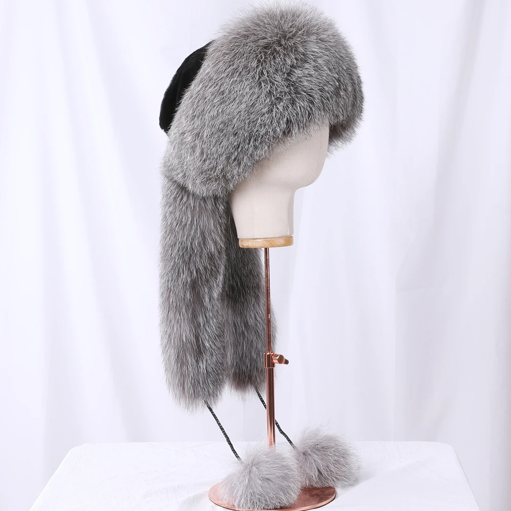 100% Natural Fox Fur Hat Russian Women's Real Fur Bomber Hats Lady Winter Warm Luxury Fashion Fluffy Fox Fur Rex Rabbit Fur Caps