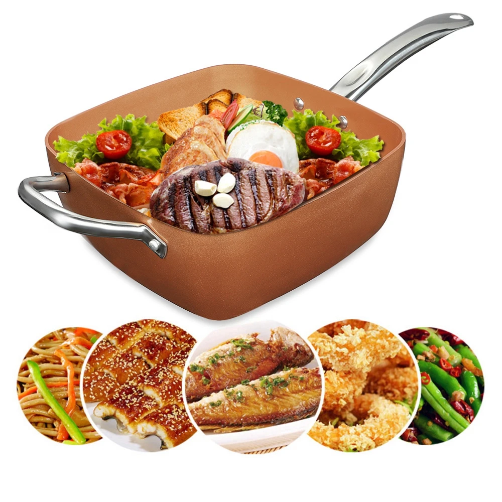 

A Multi-use 7pcs/set Square Nonstick Copper Pan with Glass Lid/ Frying Basket/ Steamer/Tray/Pastry Brush Rust-proof Fried Pan