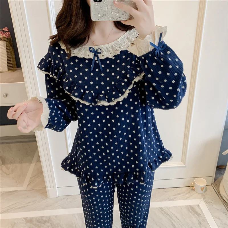 Осенний пижамный комплект из чистого хлопка с длинными рукавами кружевные милые