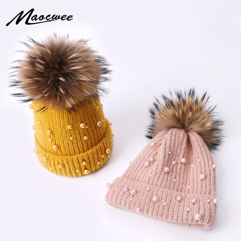 

Pom Pom Hat Crochet Rabbit hair Beanie Knitted Winter pearl Female Warm Soft Solid Elasticity Nature Fur Striped Cap Raccoon