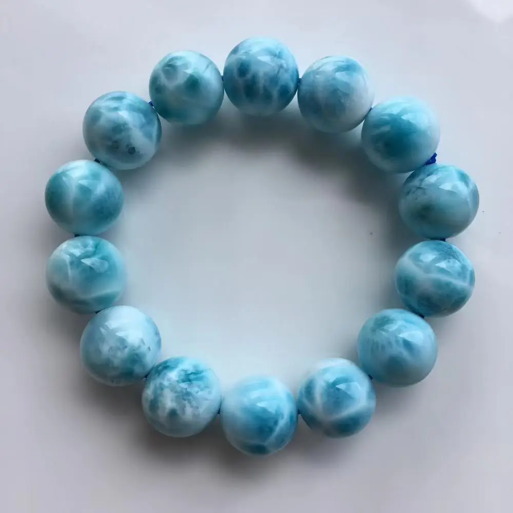 

13.6mm Natural Blue Larimar Gemstone Bracelet Women Men Stretch Round Beads Crystal Bracelet Water Pattern Certificate AAAAAA