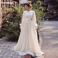 simple a line soft satin wedding dresses boho lace appliques long puff sleeves bridal gown vintage wedding party gowns 2021