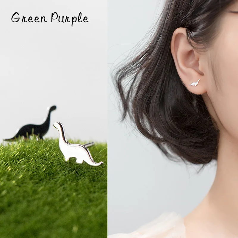 

GREEN PURPLE Dinosaur Cute Mini Animal Stud Earrings Charm Real s925 Sterling Silver Earings For Women Girl Kids Jewelry Gifts
