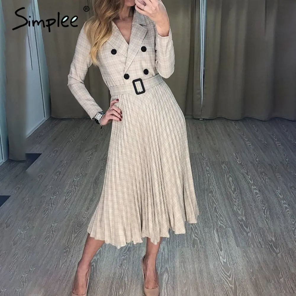 Simplee Vintage pleated belt plaid dress women Elegant office ladies blazer dresses Long sleeve female autumn midi party | Женская