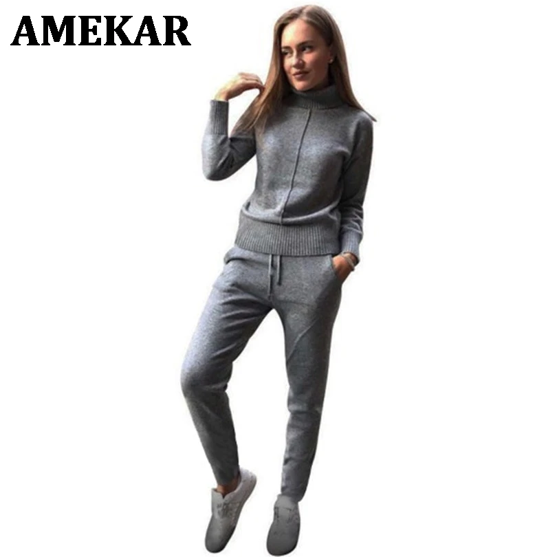 

Women's wool Knitted suit soft warm Winter knitting trackSuit pullover sweater & pant 2 piece suit