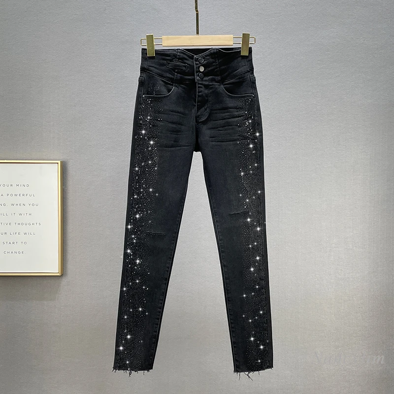 

Женские черные джинсы стразы, новинка сезона осень-зима 2021, облегающие эластичные блестящие джинсовые брюки-карандаш с высокой талией в евр...