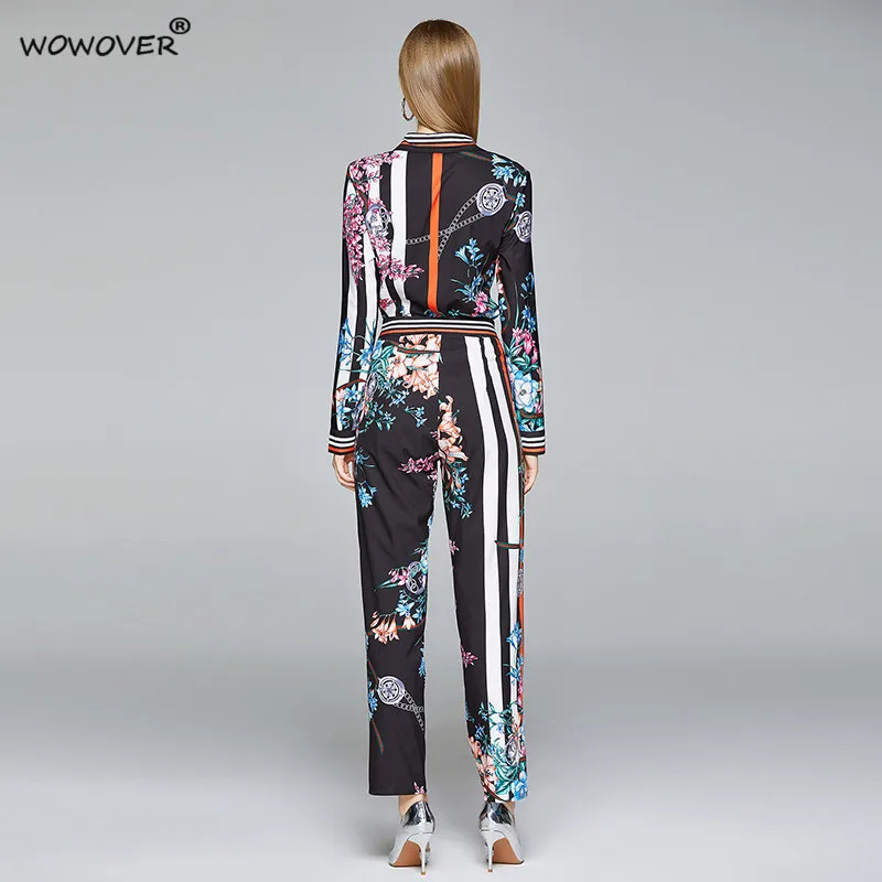 

Spring Women Runway Two Piece Set 2021 New Designers Vintage Outfits Long Sleeve Print Shirt and Pants Suit