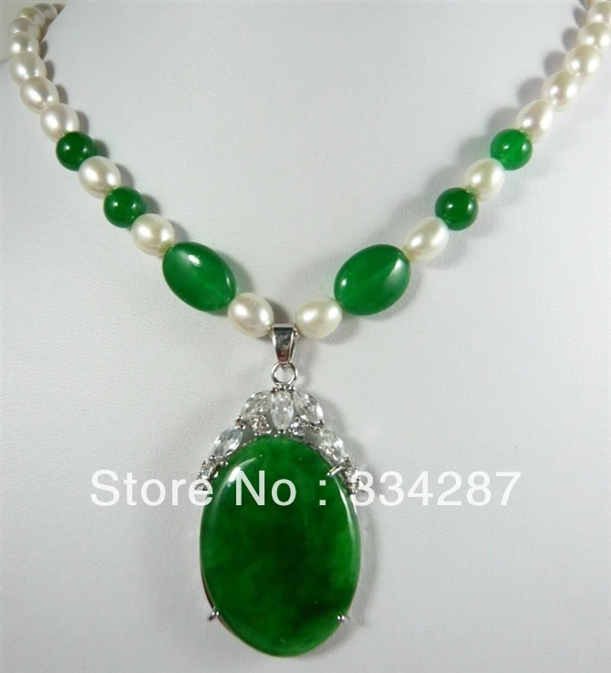 

Design White 7-8 Genuine Pearl oval Big Green Jades pendant women Jewelry Necklace 18inches