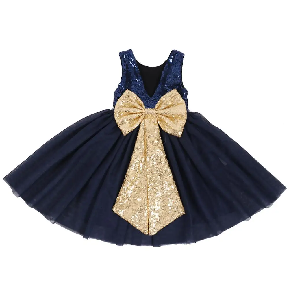 Navy Gold 02 Модное платье с блестками для девочек платье принцессы с бантом детское платье с v-образным вырезом синее платье-пачка для свадебной вечеринки для малышей - Цвет: Navy Gold 02