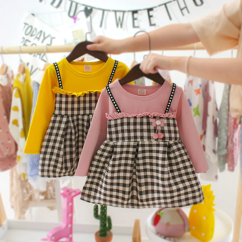 Весенне осеннее клетчатое платье с длинным рукавом для маленьких девочек